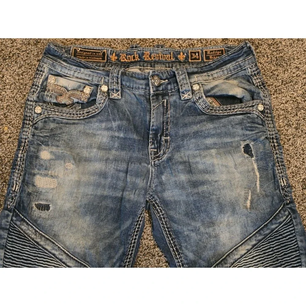 Rock Revival Rodrigo Men 34x30 Biker Moto Straight Thick Stitch Blue Jeans Flap